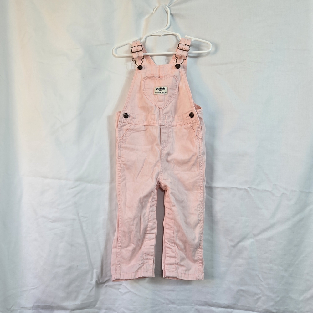 OshKosh B'gosh Baby Girl Light Pink Heart Pocket Adjustable Straps Overalls 18M